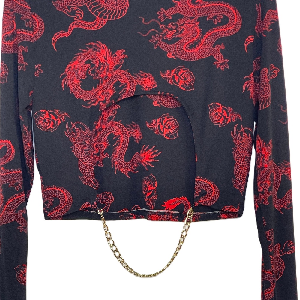 Faded Rose Black and Red Dragon Long Sleeve Crop Top with Back Chain Large - Picture 4 of 6